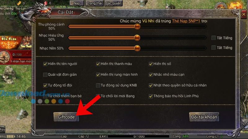 Nhấn vào nút Giftcode