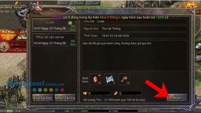 Ở phần hòm thư "Code", ấn vào nút Nhận