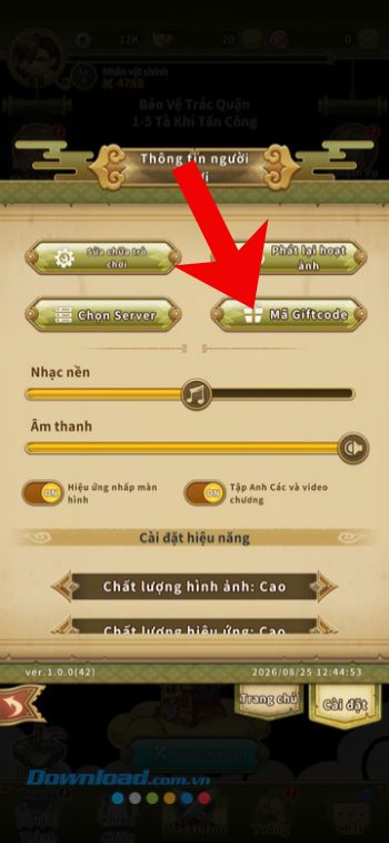 Chạm vào nút Mã Giftcode