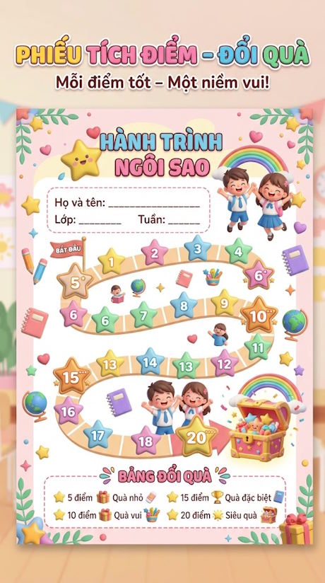 Phiếu tích điểm đổi quà cho học sinh cấp 2