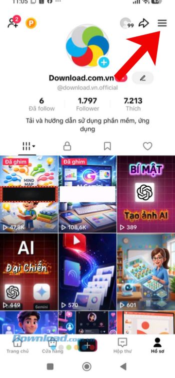 Chạm vào biểu tượng ba dấu gạch ngang