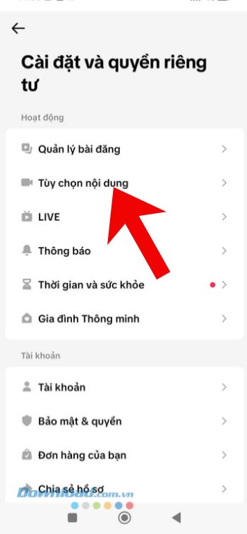 Ấn vào mục Tùy chọn nội dung