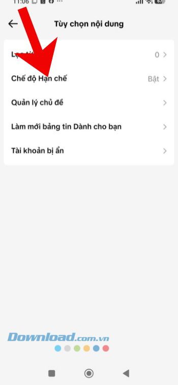 Chạm vào mục Chế độ hạn chế