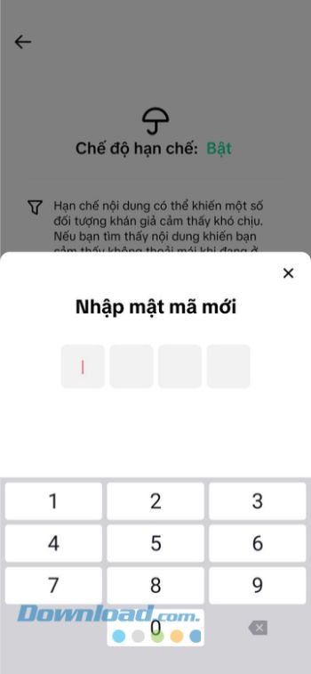 Nhập mật mã chế độ hạn chế mới 
