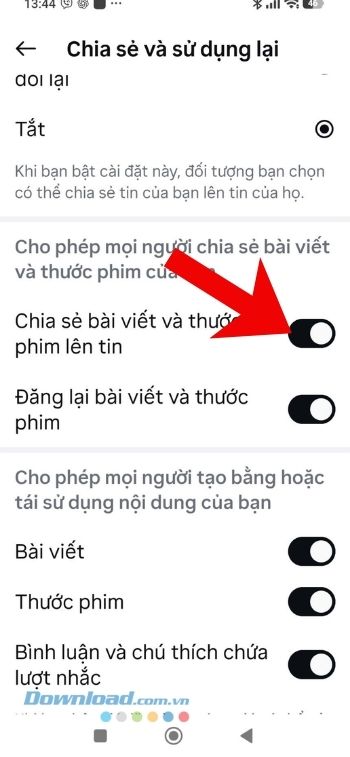 Tắt công tắc tại 2 mục: Chia sẻ bài viết và thước phim lên tin, Đăng lại bài viết và thước phim.