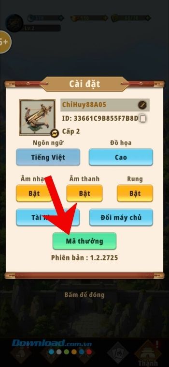 Ấn vào mục Mã thưởng