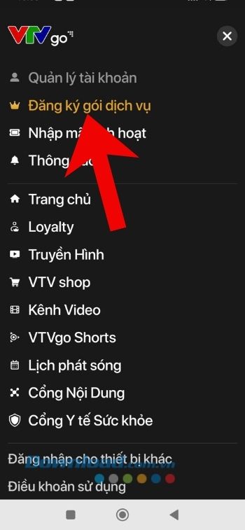 Chạm vào mục Đăng ký gói dịch vụ