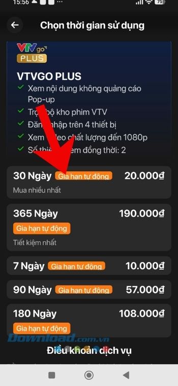 Chọn thời gian sử dụng gói cước