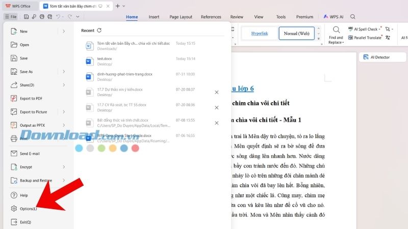 Nhấp chuột vào mục Options.