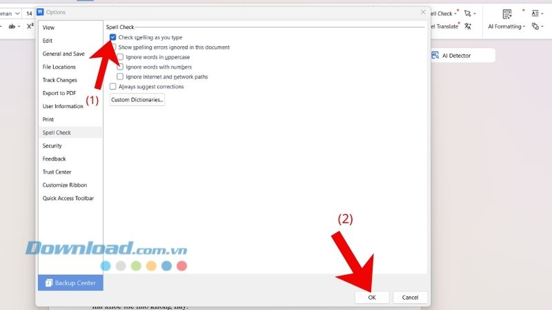Chọn mục Check spelling as you type > Click chuột vào nút OK