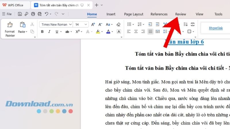 Ở file tài liệu trên WPS Writer, nhấp chuột vào mục Review