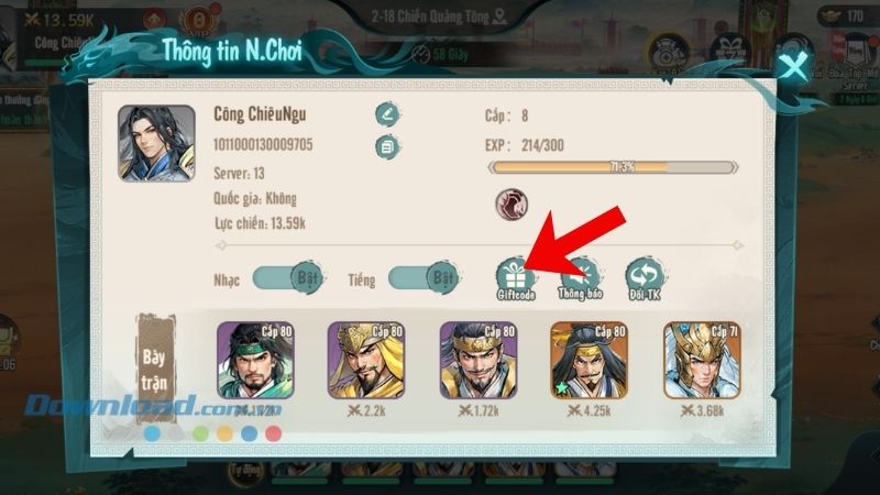 Nhấn vào mục Giftcode