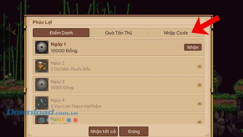 Nhấn vào mục Nhập code