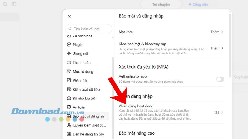 Click chuột vào mục Phiên đang hoạt động