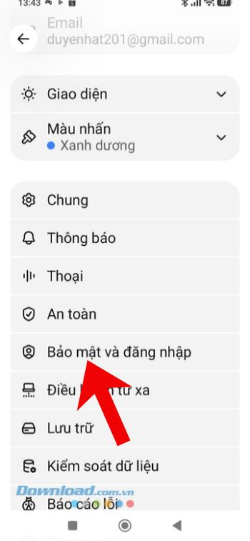 Chạm vào mục Bảo mật và đăng nhập