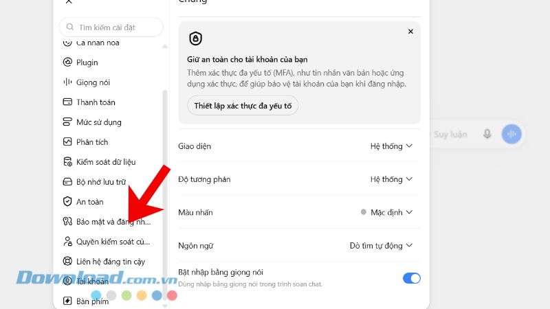 Nhấp chuột vào mục Bảo mật và đăng nhập