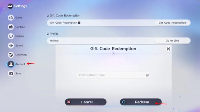 Chọn Gift Code Redemption, nhập code rồi ấn Redeem