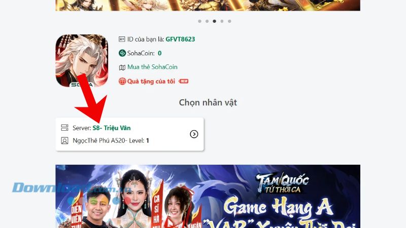 Click chuột vào thông tin tên nhân vật, máy chủ game của mình.