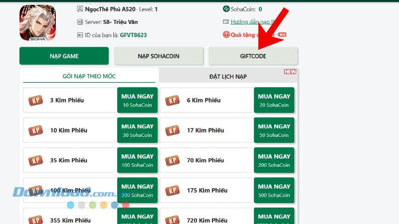Nhấp chuột vào mục Giftcode