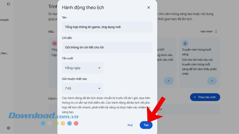 Nhập các thông tin: Tên, Chỉ dẫn, Tần suất, Thời điểm thực hiện hoạt động > Click chuột vào nút Tạo