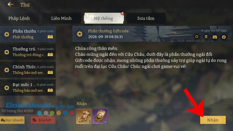 Tại phần hòm thư "Phần thưởng Giftcode", chạm vào nút Nhận