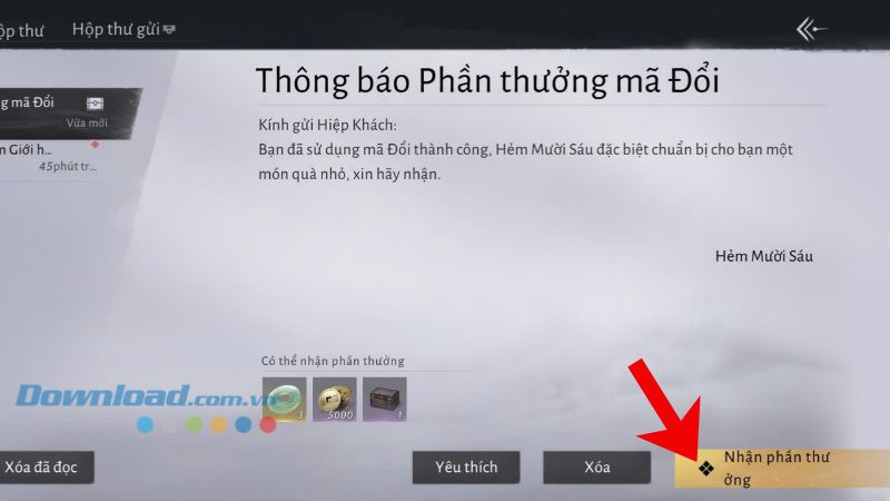 Ở phần "Thông báo Phần thưởng mã Đổi", nhấn vào nút Nhận