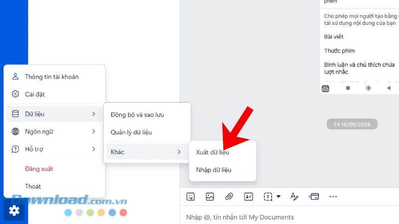 Nhấn vào mục Xuất dữ liệu