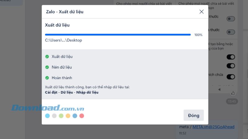 Đợi một lát dữ liệu tin nhắn được tải về máy tính