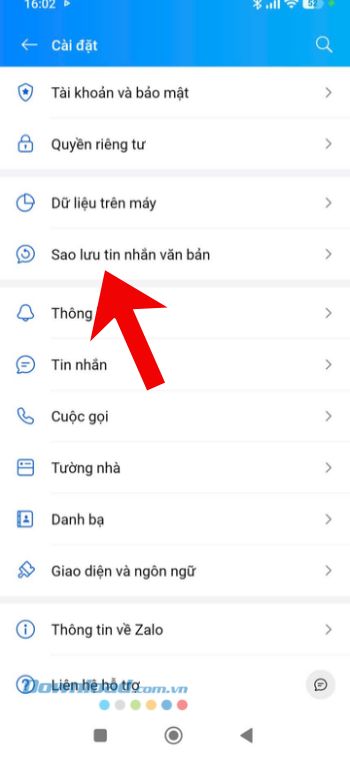 Nhấn vào mục Sao lưu tin nhăn văn bản