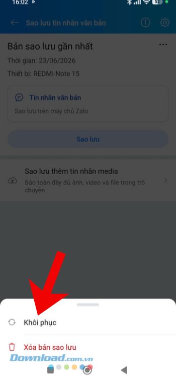 Chạm vào mục Khôi phục