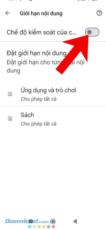 Bật công tắt tại mục Chế độ kiểm soát của cha mẹ