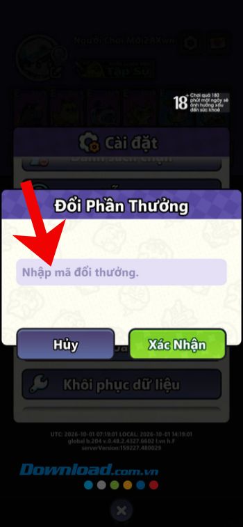 Nhập mã code > Nhấn vào nút Xác nhận