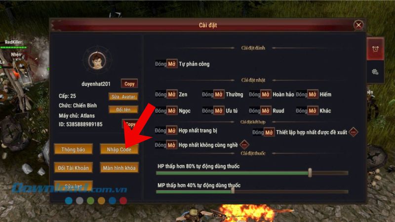 Nhấn vào mục Nhập code