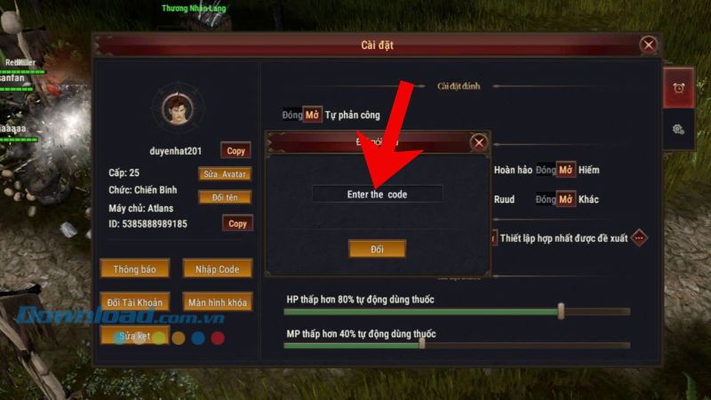 Nhập chính xác các mã giftcode
