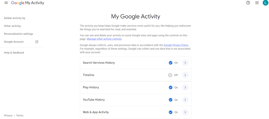 Trang hoạt động của tôi trên Google