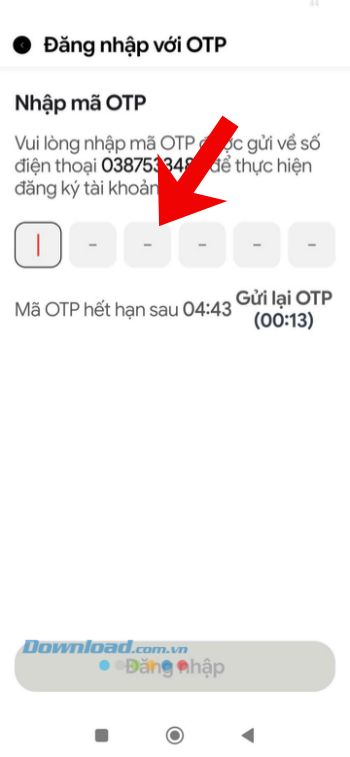 Điền chính xác mã OTP