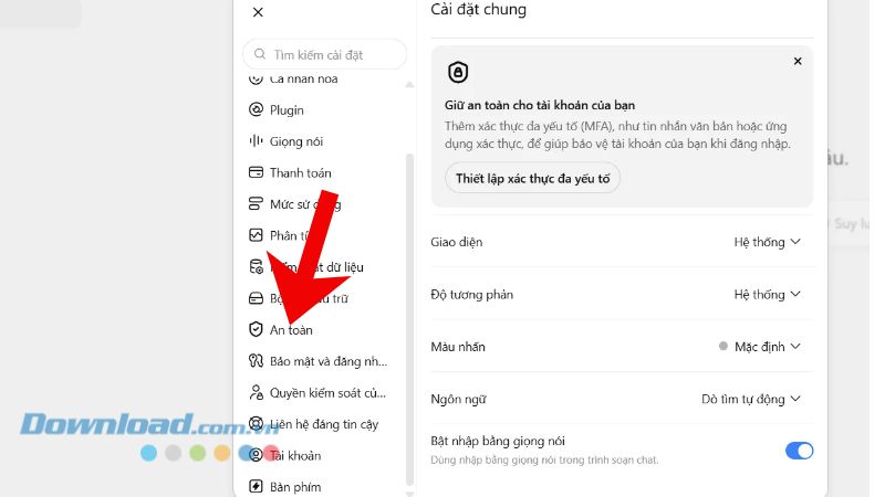 Nhấn vào mục An toàn