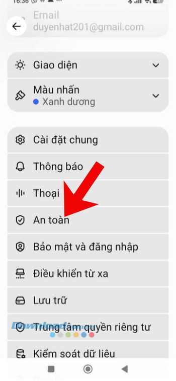 Nhấn vào mục An toàn