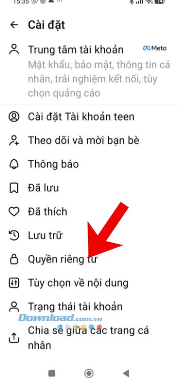Ấn vào mục Quyền riêng tư