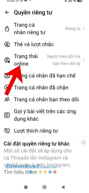 Chạm vào mục Trang thái online