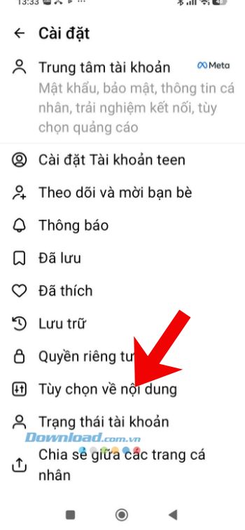 Chạm vào mục Tùy chọn về nội dung