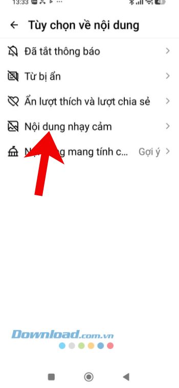 Nhấn vào mục Nội dung nhạy cảm