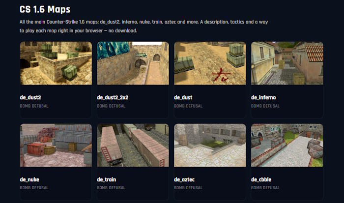 Trải nghiệm nhiều bản đồ CS 1.6 kinh điển như Dust2, Inferno