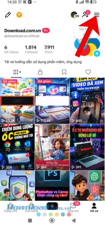 Chạm vào biểu tượng ba dấu gạch ngang
