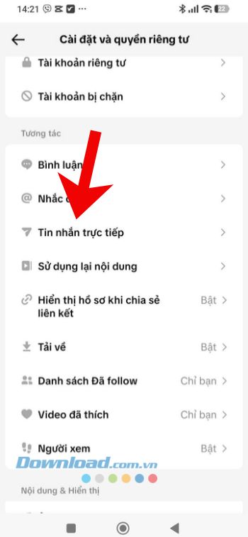 Ấn vào mục Tin nhắn trực tiếp