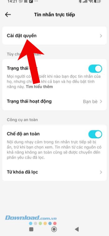 Chạm vào mục Cài đặt quyền