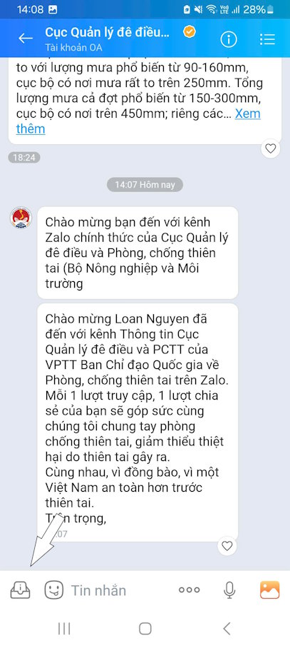 Thông báo quan tâm trang thiên tai trên Zalo thành công
