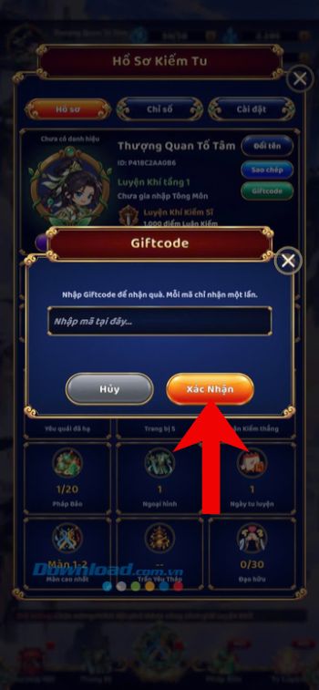 Nhập chính xác mã code > Nhấn vào nút Xác nhận