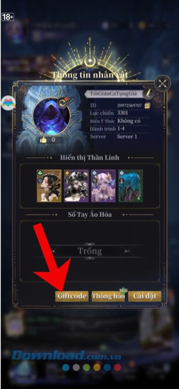 Chạm vào nút Giftcode