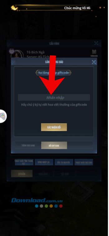Nhập chính xác mã giftcode
